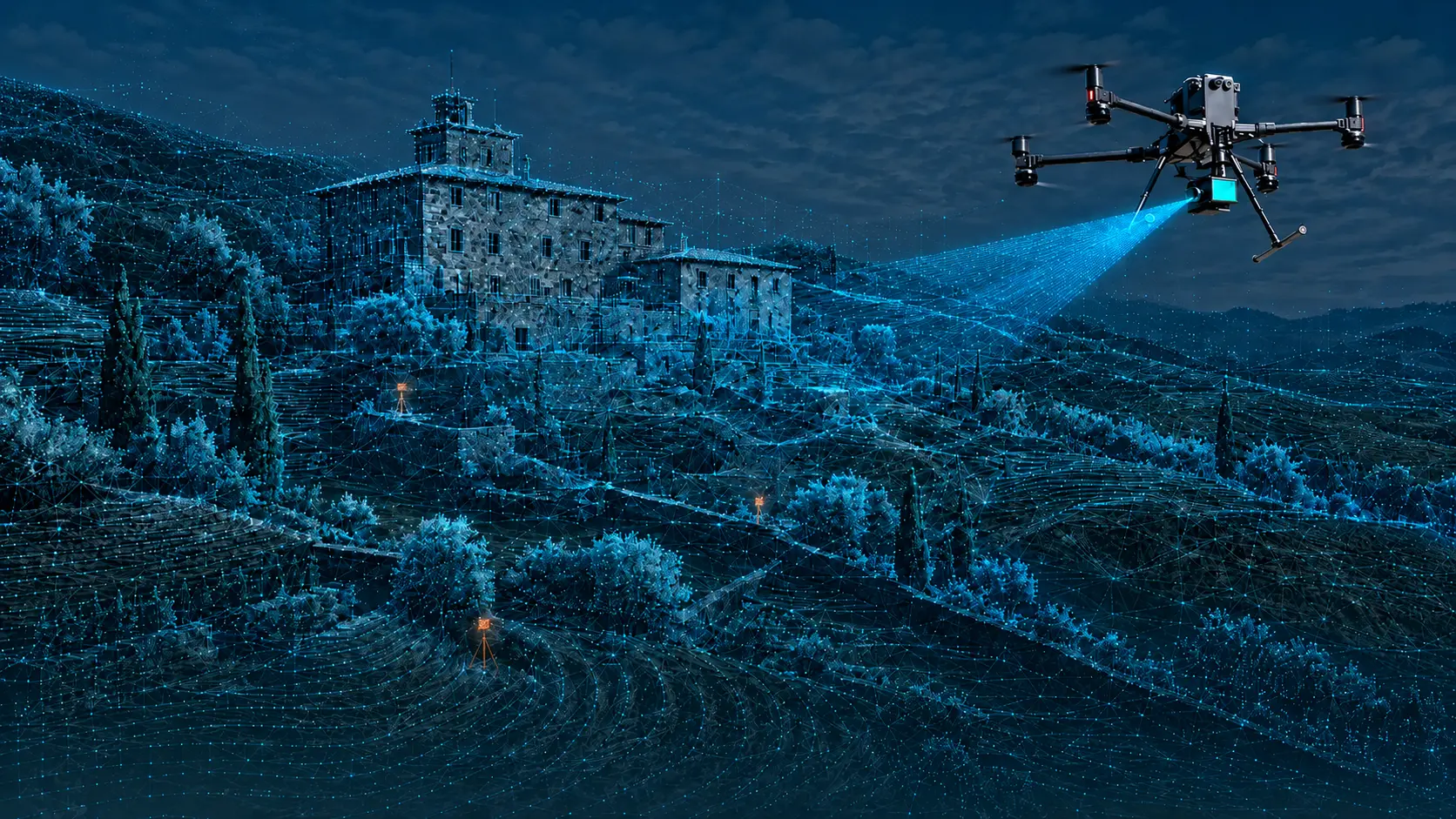 Drone LiDAR con sensore orientato verso un fabbricato storico e il terreno rappresentati come nuvola di punti