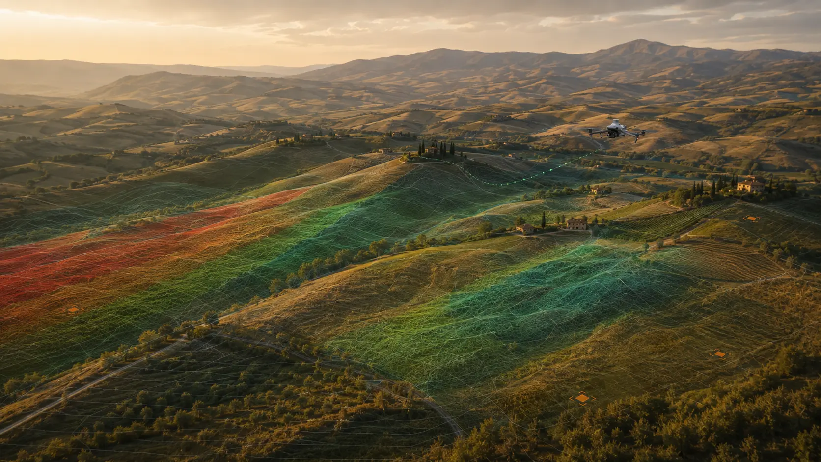 DJI Mavic 3 Multispectral in secondo piano sopra un paesaggio collinare analizzato con bande multispettrali, mesh e punti di controllo