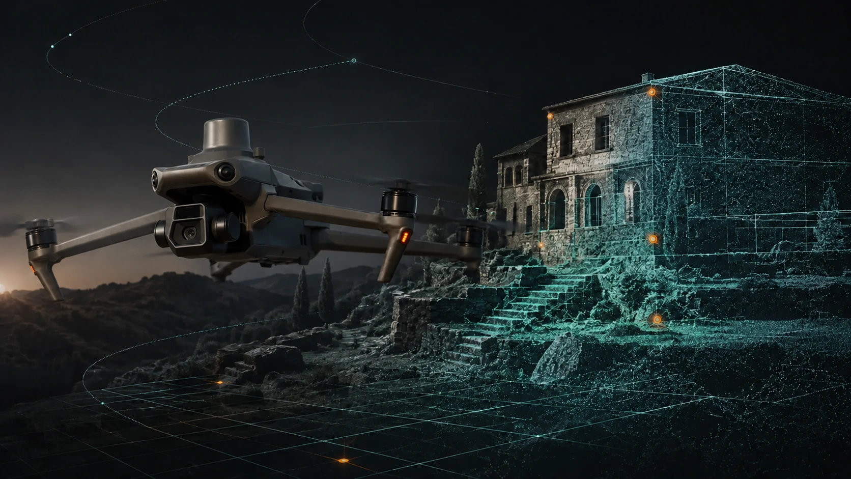 Drone RTK durante il rilievo digitale di un edificio rappresentato come nuvola di punti