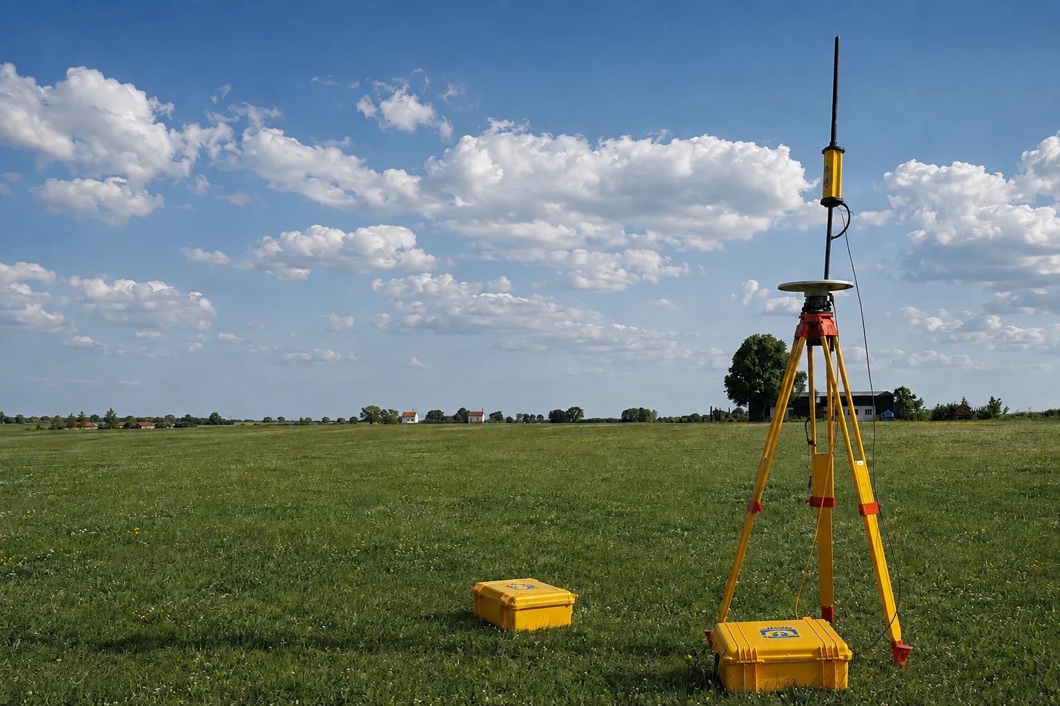 Ricevitore GNSS con antenna radio su treppiede durante un rilievo territoriale