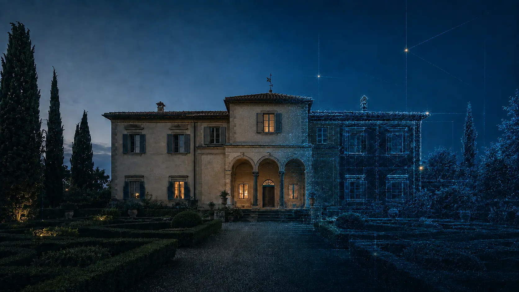 Villa storica con transizione dalla fotografia alla nuvola di punti e rete di controllo