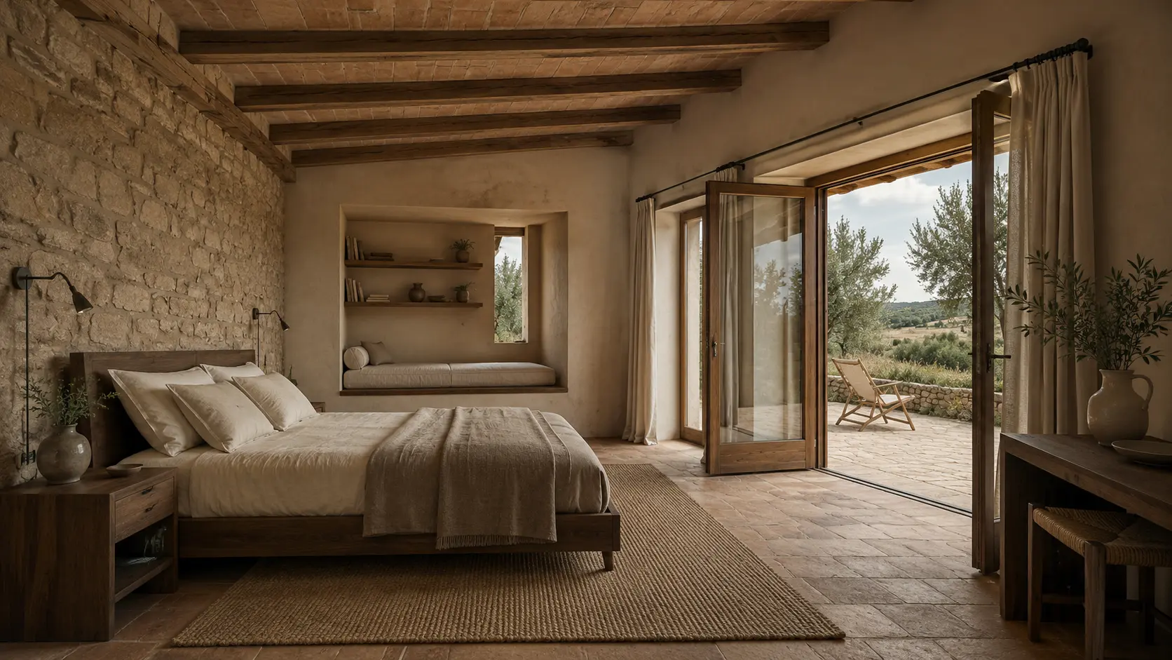 Render interno di camera padronale toscana con travi, pianelle, parete in pietra, arredi in noce e apertura sul patio