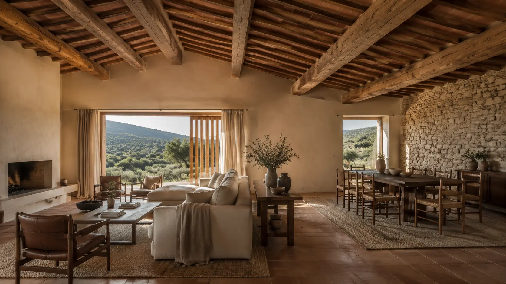 Render interno di soggiorno e sala da pranzo toscani con travi in legno, pianelle, parete in pietra e pavimento in cotto