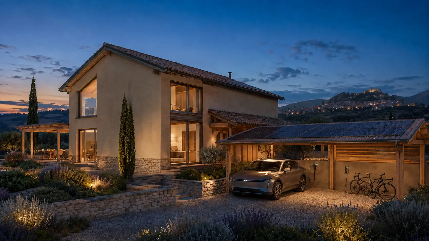 Render serale di una villetta sostenibile con facciata finita a calce, fotovoltaico e mobilità elettrica
