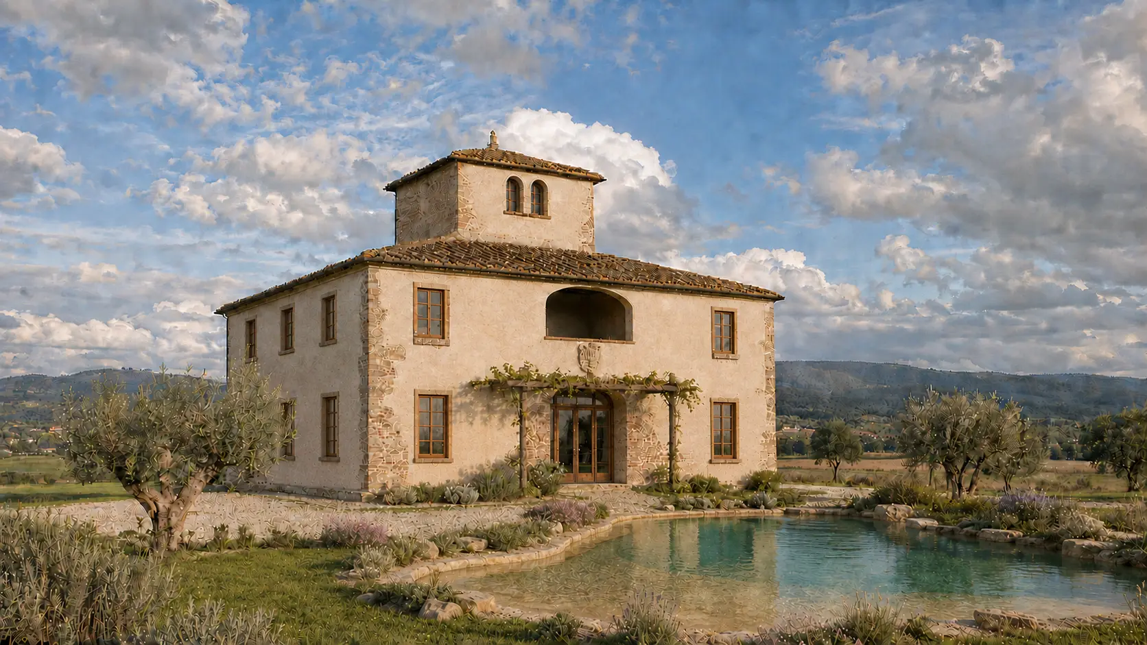 Proposta di recupero architettonico di una Leopoldina toscana con torretta, stemma storico e piscina naturale e paesaggistica