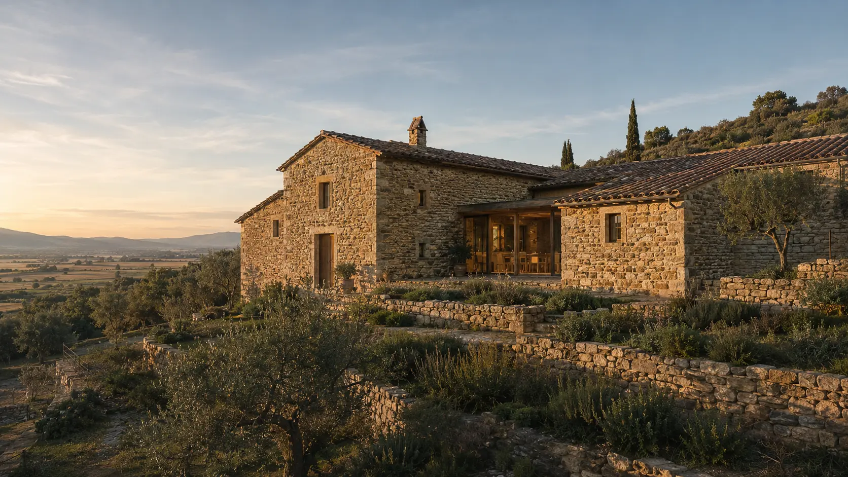 Fotorendering di un casale della Valdichiana restaurato in pietra locale e coppi, tra oliveti terrazzati