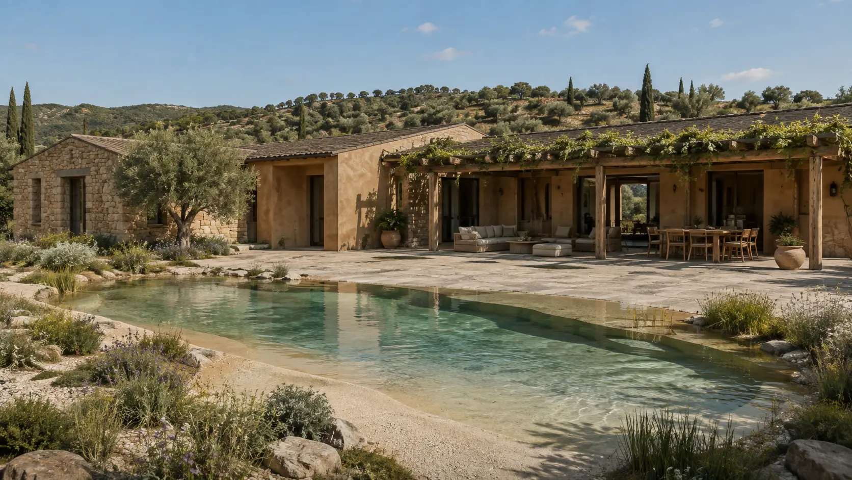 Render della corte di una villa toscana con piscina paesaggistica dalle forme organiche con finitura in resina, piante mediterranee, patio e pergola