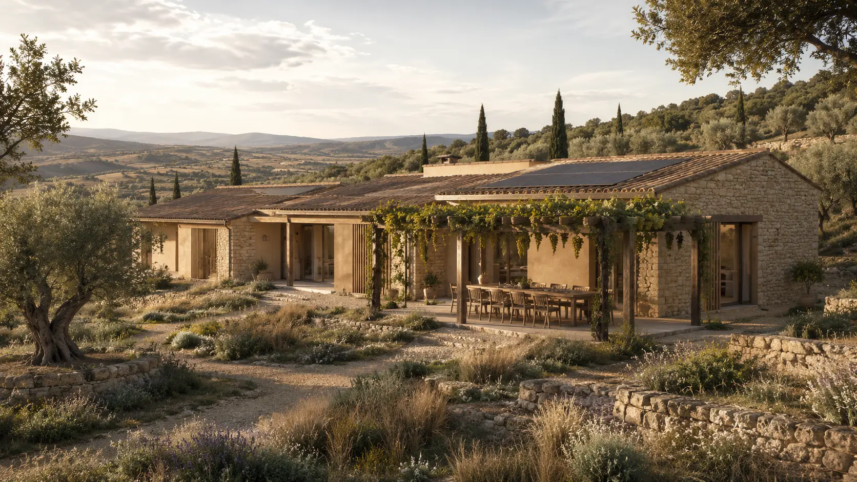 Render di villa toscana monopiano con tetti sfalsati, coppi, fotovoltaico integrato e pergola con vite e uva