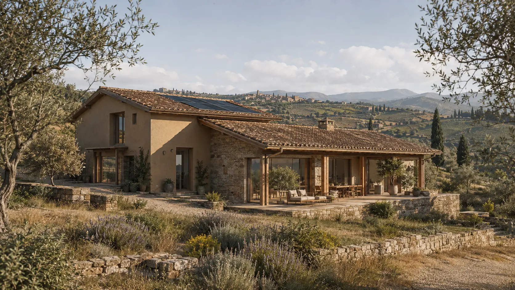 Fotorendering di un edificio sostenibile in XLAM reinterpretato secondo l'architettura rurale toscana